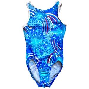 GK Gymnastics Americana Fireworks Tank Leotard Blue Red Girl’s CL Child Large